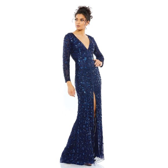 Mac Duggal Embellished Front Slit Long Sleeve Evening Gown in Midnight Size‎ 10 - Picture 1 of 11